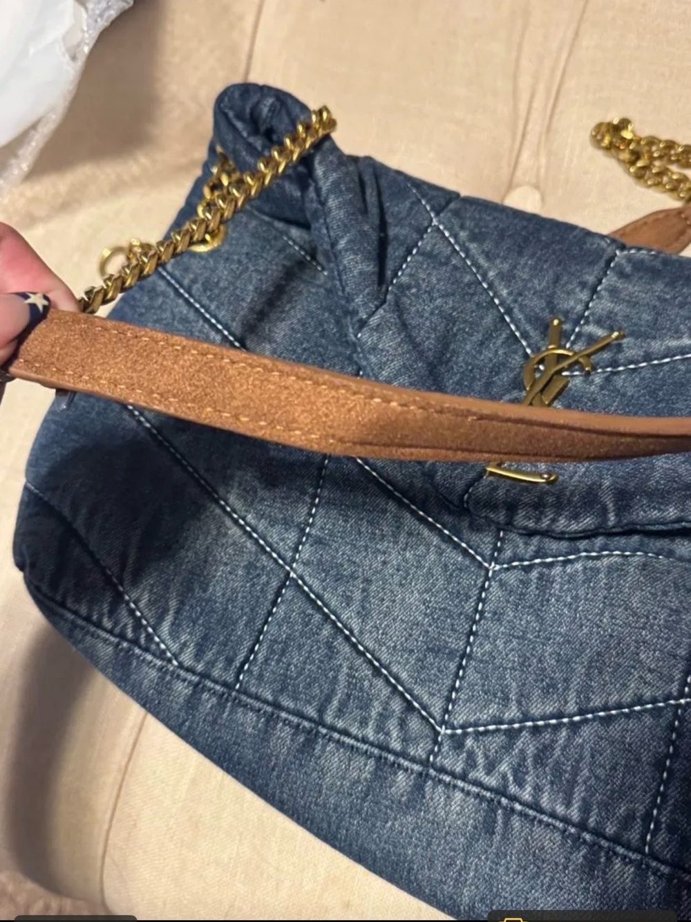 Vintage Inspired Denim Quilted Shoulder Bag with Brown Strap and Gold Hardware